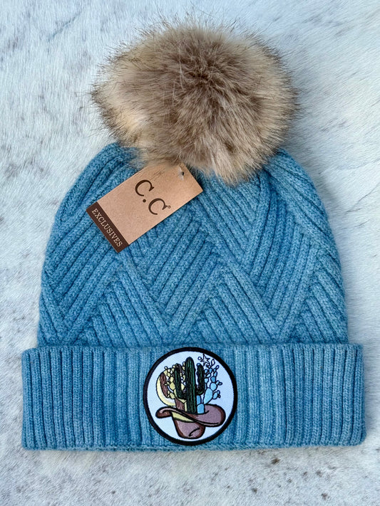 C.C® Pom Beanie with Cactus & Cowboy Hat Patch