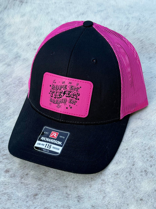 Richardson 115 Trucker Hat – Black & Pink with Engraved Leatherette Patch