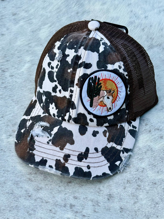 CC Cow Print Distressed Trucker Hat with Cactus Patch