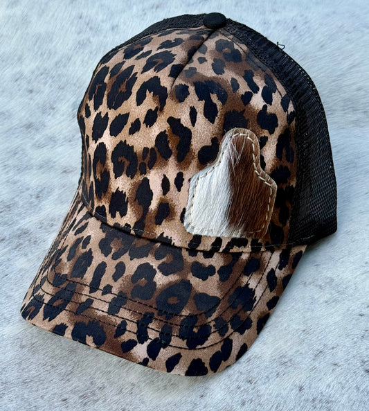 Leopard Print Trucker Hat with Hair-On Cowhide Patch – Snapback