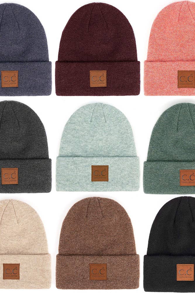 C.C Heather Knit Suede Patch Beanie Winter Hat